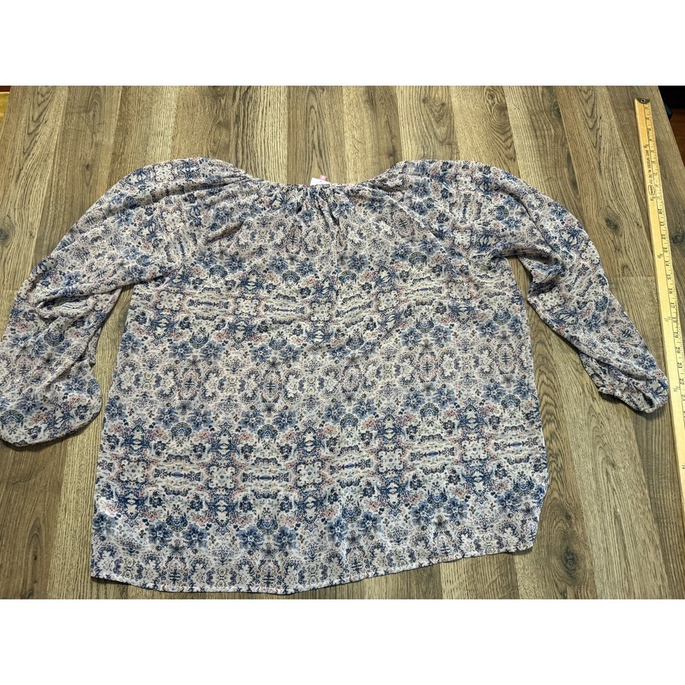 cAbi Blouse, Women's Size SM, Blue Pink, Floral, Long Sleeve, See Through